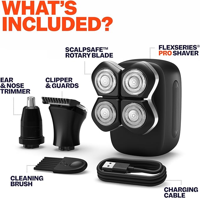 Freebird FlexSeries Pro Electric Head & Body Shaver - Mens Cordless Rechargeable Wet/Dry Skull Bald Head Back & Groin Waterproof Razor with Rotary Blades, Clippers, Nose Trimmer, Brush, Massager