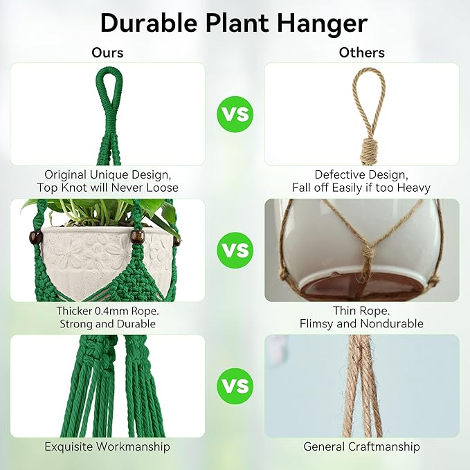 USLAI Macrame Plant Hanger for Indoor Outdoor, Up to 3-6.5 inch Pot, Hanging Planter Flower Pot Holder with Beads and Tassels, Boho Home Decor, 2-Pack, Green