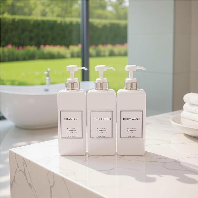 Modern Design Large 27 oz Shampoo and Conditioner Dispensers - Empty Plastic Refillable Pump Bottle Set for Bathroom Shower Soap Dispenser, Gift Box Included, Set of 3, (White & Silver)