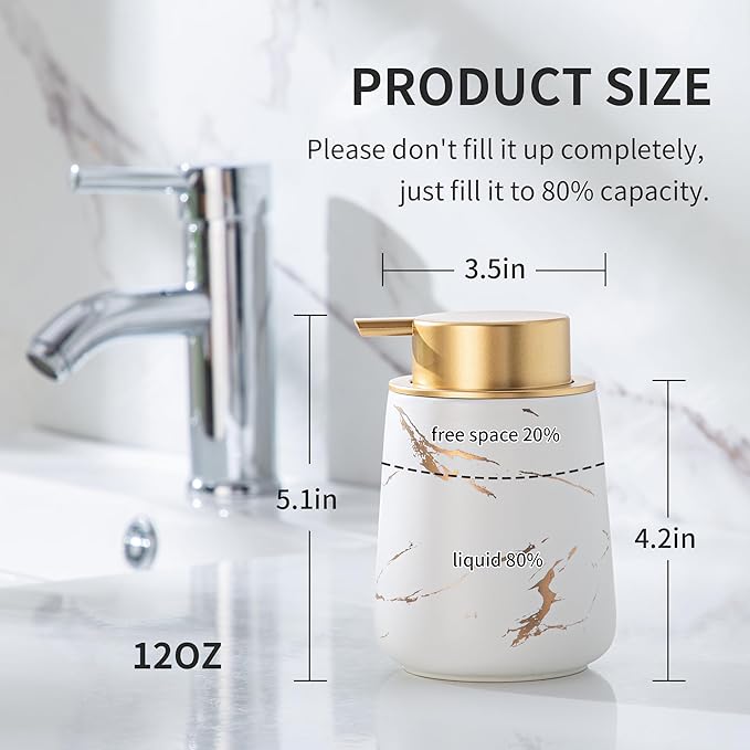 Enra Hand Foaming Gold Soap Dispenser,12 oz Ceramic Foam Soap Dispenser for Bathroom Countertop Kitchen Dispenser for Dish Soap with Easy-to-Press (Glod Foam Type2)