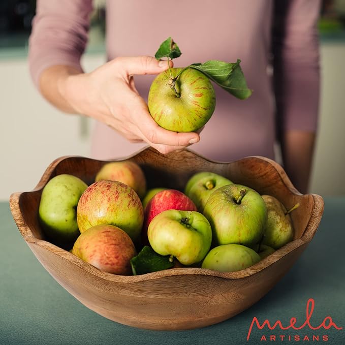 Mela Artisans Scalloped Decorative Wooden Bowl | 12 Inch Mango Wood Fruit & Serving Bowl | Natural Grain Finish | For Kitchen Counter | Snacks | Desserts | Bread | Handcrafted Home Decor
