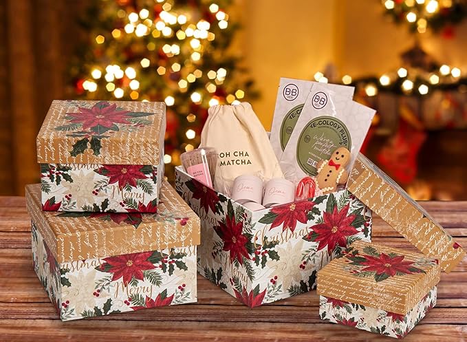 Square Gift Boxes with Lids 4PCS Christmas Gift Box for Presents Nesting Assorted Sizes Present Boxes for Christmas Birthday Valentines Party Gift Wrap