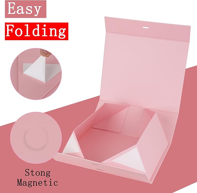 BoxSkivra Pink Gift Box with Ribbon 1 Pack 6X6X3 Inch Small Gift Box with Lid Magnetic Closure Rectangle Collapsible Luxury GiftBox for Mother's Day、Birthdays、Shredded Paper Filler & Card