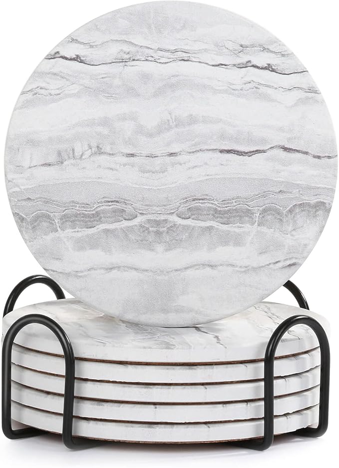 Acejoz Drink Coasters with Holder for Coffee Table, Absorbent Coaster Set of 6, Marble Style Ceramic Coaster for Wooden Table, Suitable for Kinds of Cups, Home Decor, 4 Inches