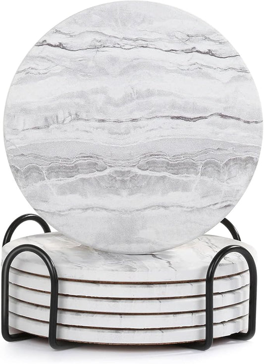 Acejoz Drink Coasters with Holder for Coffee Table, Absorbent Coaster Set of 6, Marble Style Ceramic Coaster for Wooden Table, Suitable for Kinds of Cups, Home Decor, 4 Inches