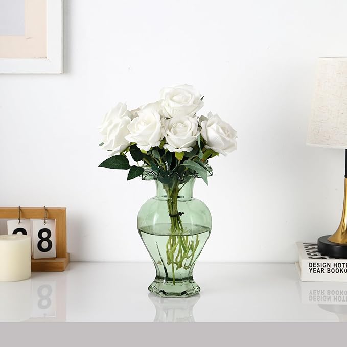 Large Glass Vase, Green Vase for Flowers, Flower Vases for Bouquet, Glass Flower Vases for Living Room, Dining Table, Shelf, Wedding, Office, Coffee Table, 9.5 Inches