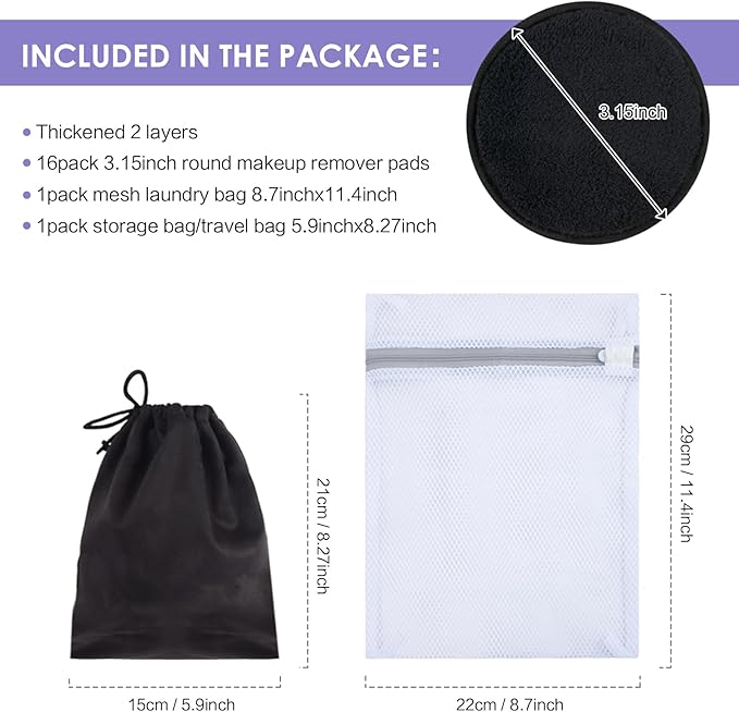 SUNLAND Reusable Makeup Remover Pads for Face,Eye,Lips 32 Pack Microfiber Face Cleansing Gloves Washable with Laundry Bag and Travel Bag Rounds Toner Pads（Round 3.15inchx32,Black）