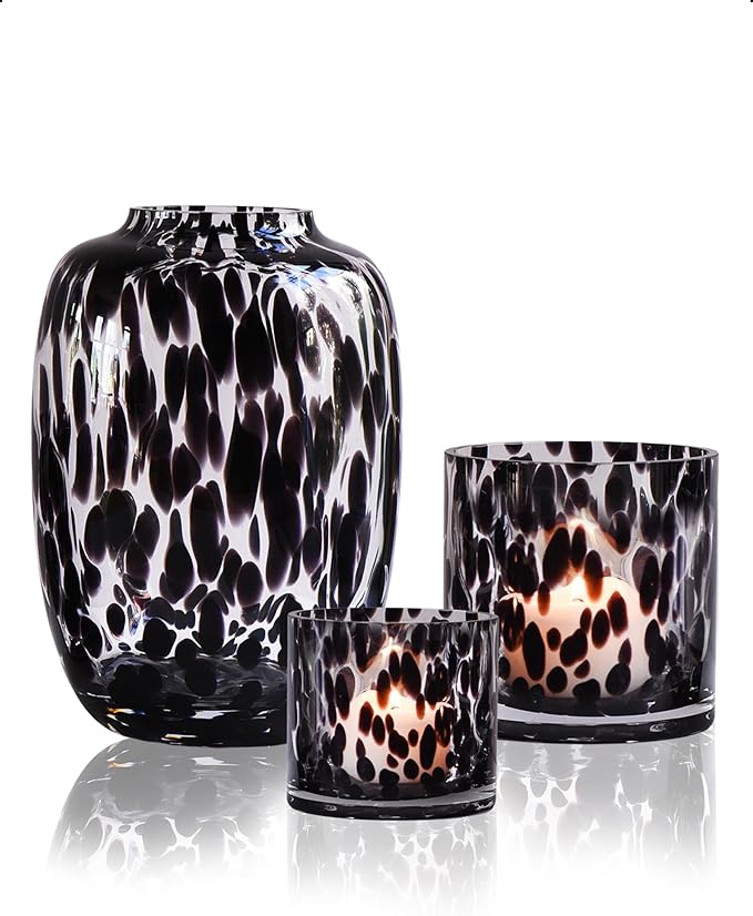 CONVIVA Glass Vase and Candle Holder Set, 3-Piece,Modern Fall Decor Table Centerpiece Thanksgiving Christmas Day Gift Idea,Flower Vase Black Tortoise Pattern
