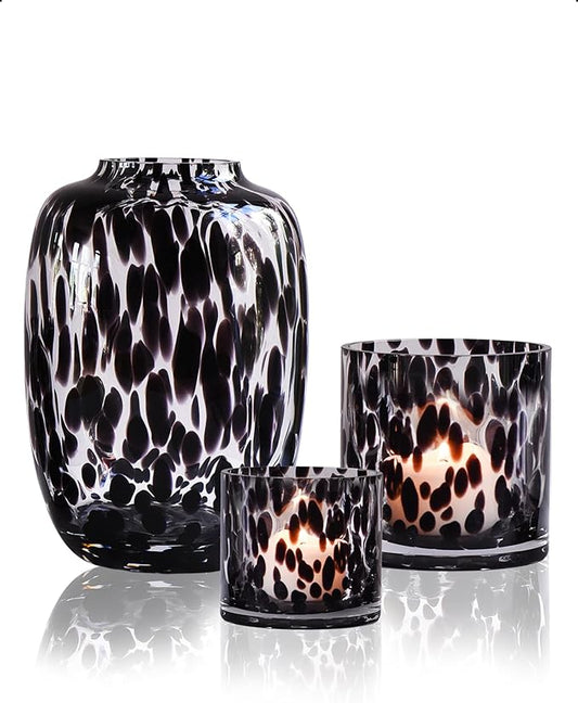 CONVIVA Glass Vase and Candle Holder Set, 3-Piece,Modern Fall Decor Table Centerpiece Thanksgiving Christmas Day Gift Idea,Flower Vase Black Tortoise Pattern