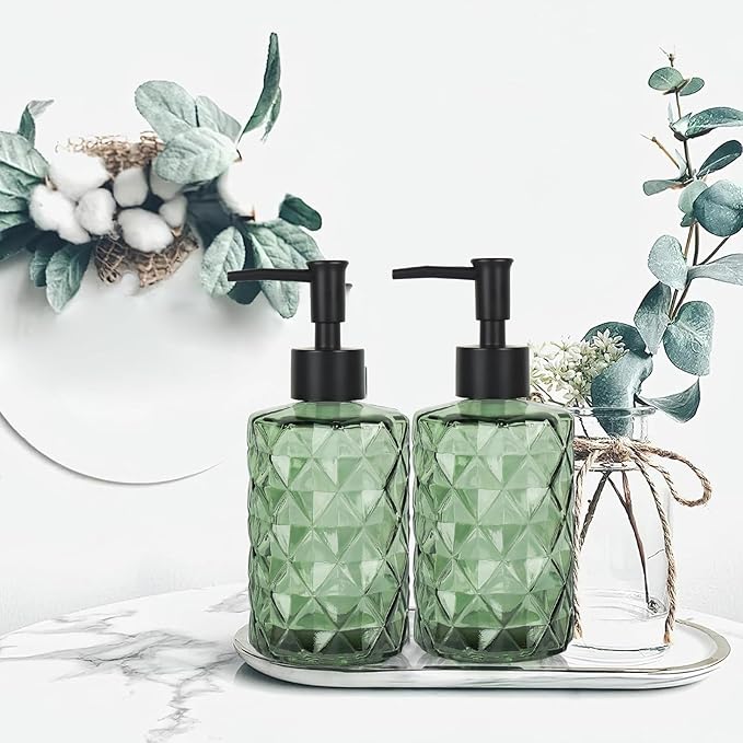 Clear Green Glass Soap Dispenser with Pump, 12oz Diamond Design Hand Soap Dispenser, Refillable Lotion Dispenser & Dish for Dishwashing Liquid, Shower Gel