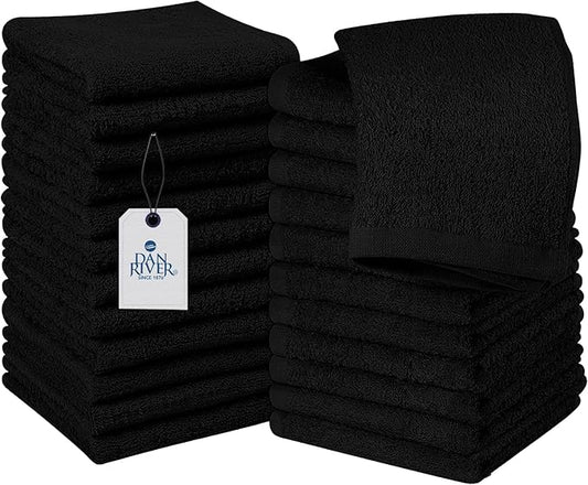 DAN RIVER 100% Cotton Wash Cloths 24 Pack [12x12] Soft & Absorbent wash Cloths for Body, Gym, Hotels & Spa Perfect for Everyday Use Fingertip Towels, Black
