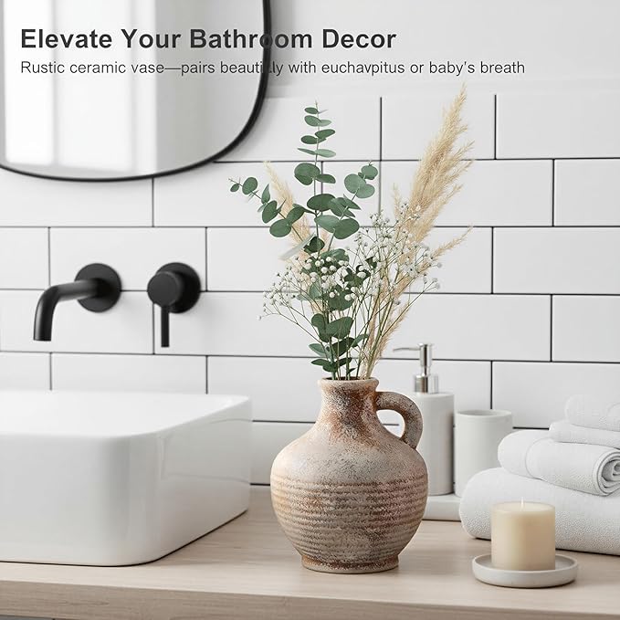 6-Inch Terracotta Ceramic Flower Vase with Handles, Rustic Farmhouse Boho Pottery Centerpiece for Table, Living Room, Shelf & Mantel