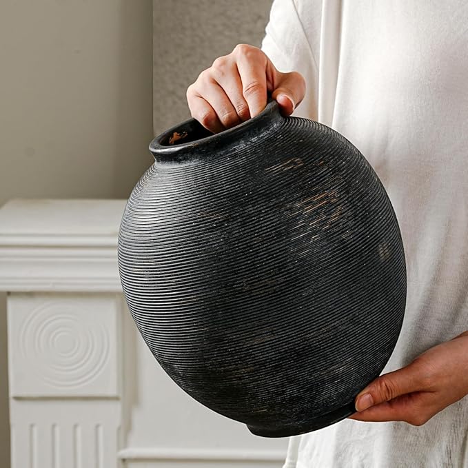 Large Black Ceramic Vase, 9.8 inch Round Minimalist Textured Flower Vase, Rustic Farmhouse Decor for Home, Living Room, Shelf, Table, Bathroom & Entryway Decoration (Black Bronze)