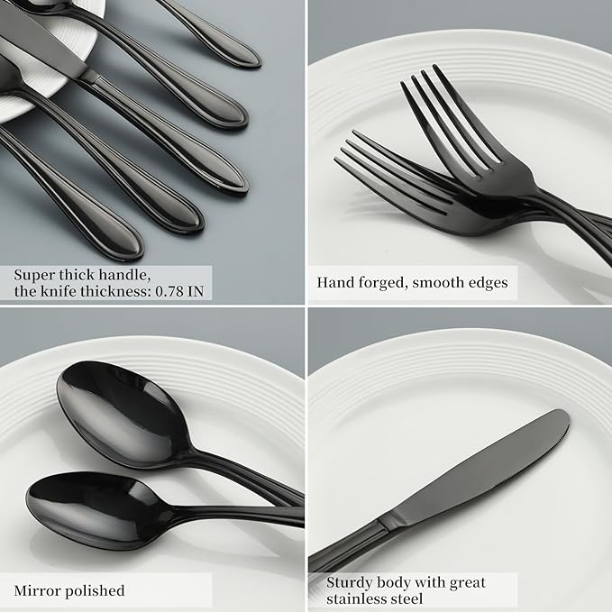 Black Silverware Set, 60-Piece Stainless Steel Flatware for 12, Heavy-Duty 18/0 Stainless Steel Utensils,Mirror Polished Dishwasher Safe for Home & Kitchen Dining