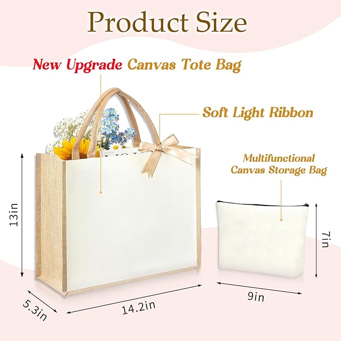 Initial Canvas Tote Bag & Makeup Bag for Women Teacher Bridesmaids，Personalized Present for Wedding, Birthday, Beach