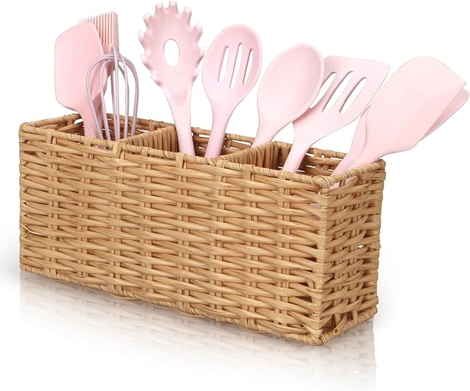 Ayiaren Wicker Flatware Silverware Caddy Cutlery Holder Kitchen Silverware Organizer Storage for Countertop Small Utensil Holders Party Table Spoon Knives Fork Holder Flatware Utensils Caddy Basket