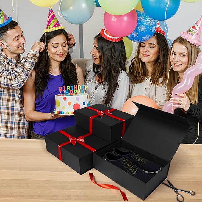 Ditwis 4 Pack 13.8x9x4.3 Inches Gift Boxes with Magnetic Closure Lids, Black Magnetic Box for Wedding, Groomsmen Bridesmaid Proposal, Birthdays, Mother's Day