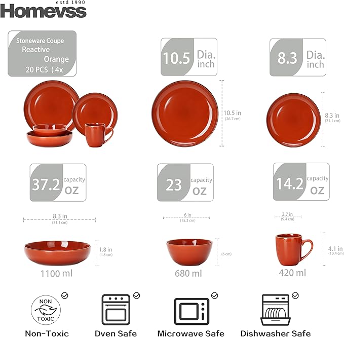 HomeVSS 20-Piece Dinnerware Set - Serves 4, Bright Glaze Orange plates and bowls sets with Speckle Effect for Microwave & Dishwasher Safe