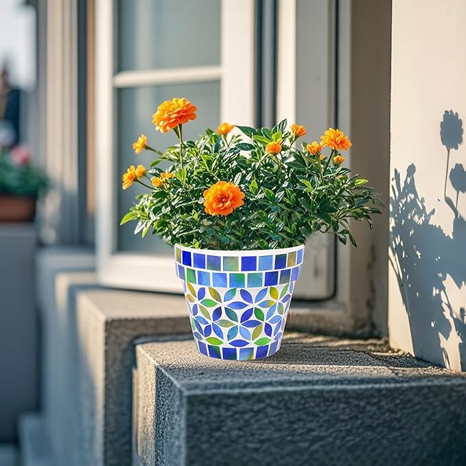 Small Mosaic Plant Pot Flower Pots Ceramic Planter with Drainage Hole Small Ceramic Pot for Indoor Outdoor Plants Succulent Pots Blue with Flower Design