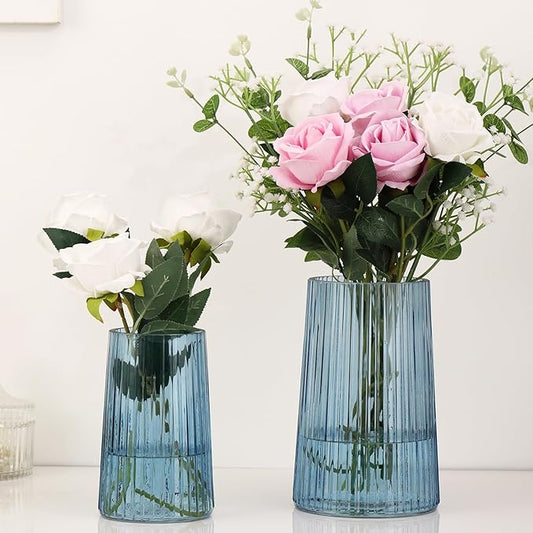 Ribbed Flower Vases Set of 2, Blue Vases for Flowers, Flower Vase for Bouquet, Modern Ribbed Glass Vase for Living Room, Bedroom, Dining Table, Office, Wedding, Centerpieces