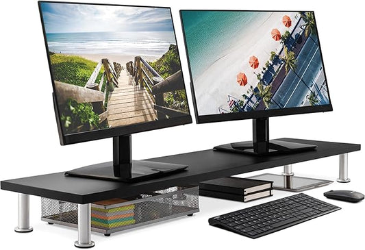 The Original Bamboo Dual Monitor Stand (As Seen On PBS) - 42 Inch Large Monitor Riser for Computer Screens, Laptop or TV - Desk Shelf Adds Storage Space and Improves Ergonomics - Black