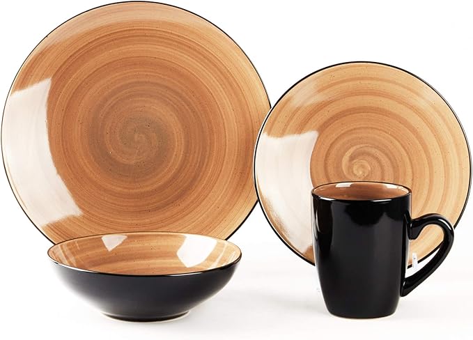 Sonoma 16pc Stoneware Dinnerware Set, Outside Black + Inside Hand Painting Combi Colors of Cobalt, Mocha, Rose and Spice with Speckle