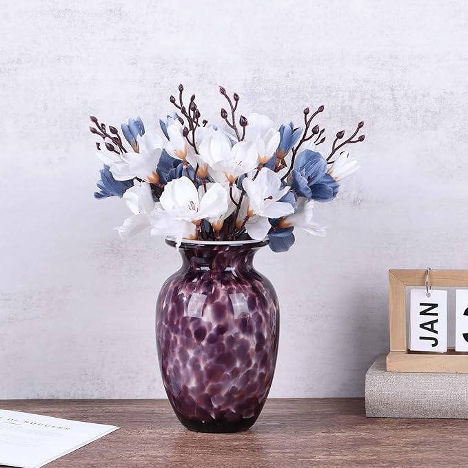 9" Purple Hand Blown Glass Vase – Murano Style Art Glass Sculpture, Stained Colorful Flower Vase for Table Centerpieces, Lavender Glass Decor for Entryway, Bookshelf, Office or Bathroom (Purple)