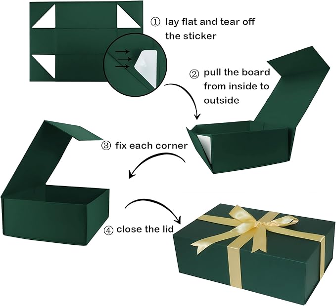YINUOYOUJIA Large Green Gift Boxes with Lid,14"x9"x4.5" Magnetic Gift Box with Ribbon,Cards and Envelopes for Presents,Great for Wedding,Birthdays,Crafting,Gift Packaging.