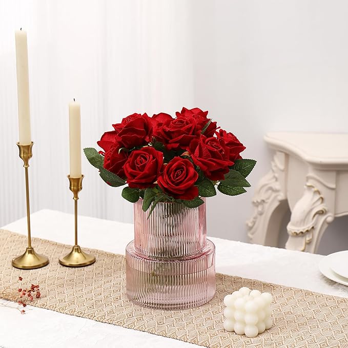 Pink Glass Vase, Ribbed Glass Vase for Tulips, Flower Vases for Bouquet, Pink Modern Vases for Living Room, Dining Table, Entryway, Mantle, Shelf, Wedding, Office, 7.5 Inches