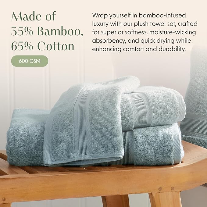 Springtree Home Luxury Bamboo Rayon Bath Towel Set of 4 | 35% Bamboo Rayon - 65% Cotton | Absorbent Quick-Dry Towels for Bathroom | Oeko-TEX Standard 100 Cotton | Aegean