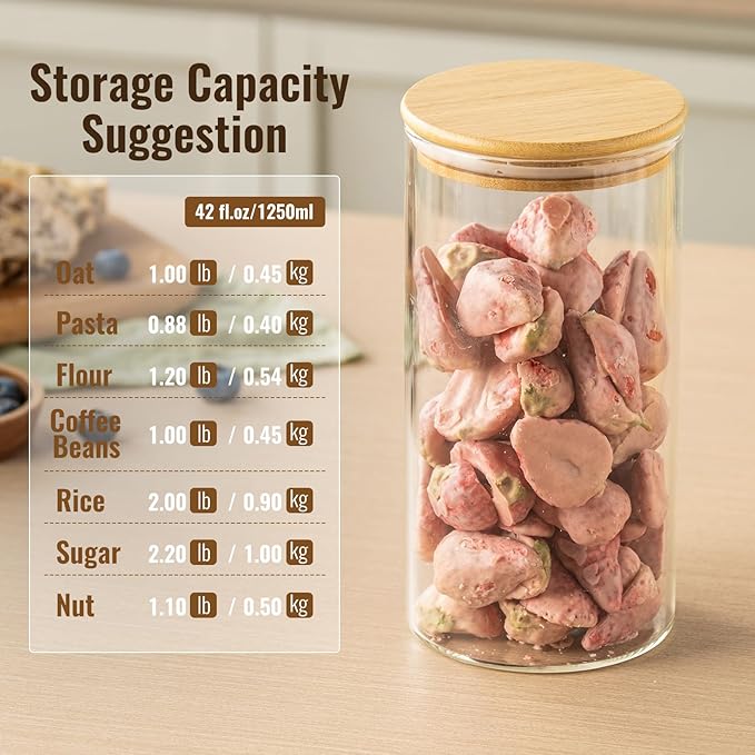 4 Pack 42oz Glass Jars with Bamboo Lids,Glass Storage Containers with Lids,Clear Airtight Food Storage Jar for Flour,Oat,Coffee,Tea,Sugar,Cookies,Pantry Organizers 3mm Thick Canisters