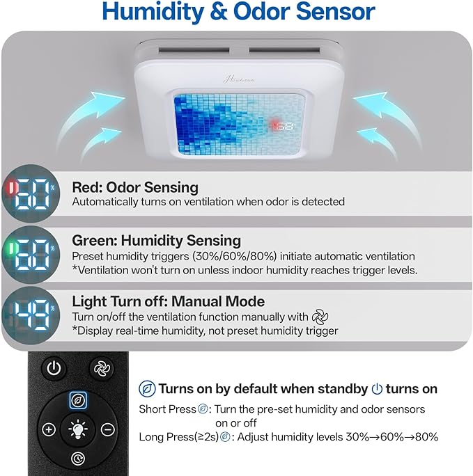 Bathroom Exhaust Fan with Light Humidity Sensor, Bathroom Fan with Odor & Humidity Sensor, 230 CFM 1.0 Sone Venlitation Fan with 3CCT LED Light 7 LED Color, Remote Control Easy Install