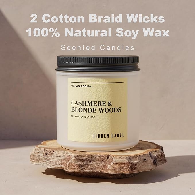 Hidden Label Cashmere & Blonde Woods Soy Candle, 12oz 2 Wick Non Toxic Candles for Home Scented, Bathroom Candle 70H Clean Burning Aromatherapy Candle for Stress Relief & Relaxation Gifts