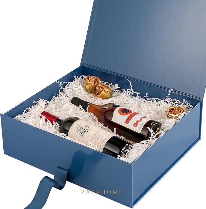 PACKHOME 17x14.5x5.5 Inches, Extra Large Gift Box with Lid, Magnetic Closure Boxes with Ribbon for Clothes and Large Gifts (Glossy Blue)