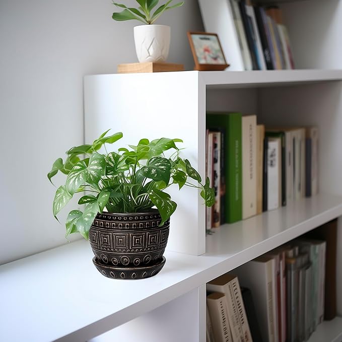 G EPGardening Ceramic Plant Pot - 5.5 Inch Ceramic Planter for Indoor Plants, Boho Round Indoor Flower Pot with Drainage Hole and Saucer, Plant Lover Gifts, Garden Home Room Decor, Black