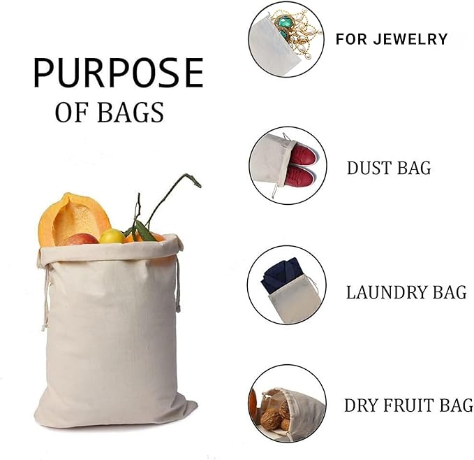 100Pcs 3 x 5 Inches Premium Cotton Muslin Double Drawstring Bags, Reusable Bag Natural Cotton Bags with Drawstring Produce Bags Bulk Gift Bag Jewelry Pouch for Party Wedding Home Storage