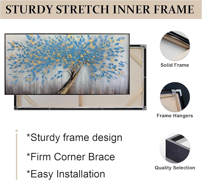 Blue Tree of Life Canvas Wall Art, Modern Abstract Textured Painting, Large Wall Art Framed Panoramic Landscape Artwork for Living Room, Bedroom, Office, Home Decor 40"x20"