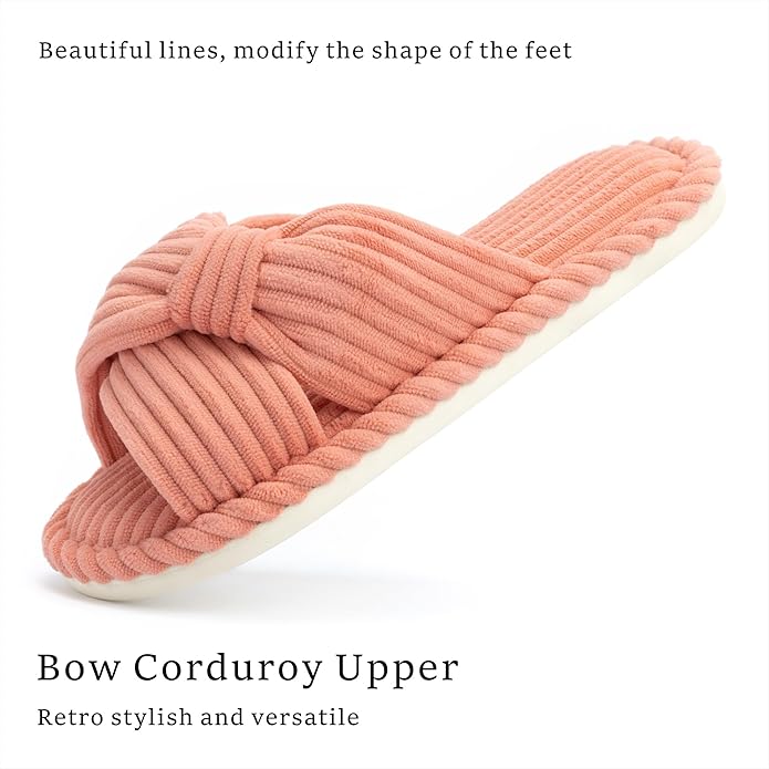 Chantomoo Slippers for Women Memory Foam House Womens Slipper Slides Home Bedroom Bathroom Spa Open Toe Corduroy Bow Slippers Cozy Comfortable