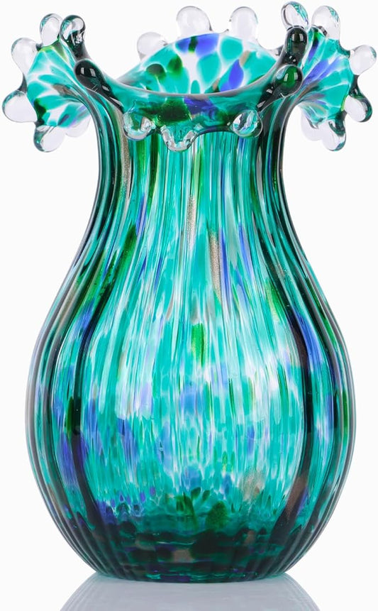 Hand Blown Green Glass vase, Decorative Wide Mouth Glass vase for Home Living Room, Fireplace Decorations, Table centerpieces, entryway Tables and Wedding Decorations.