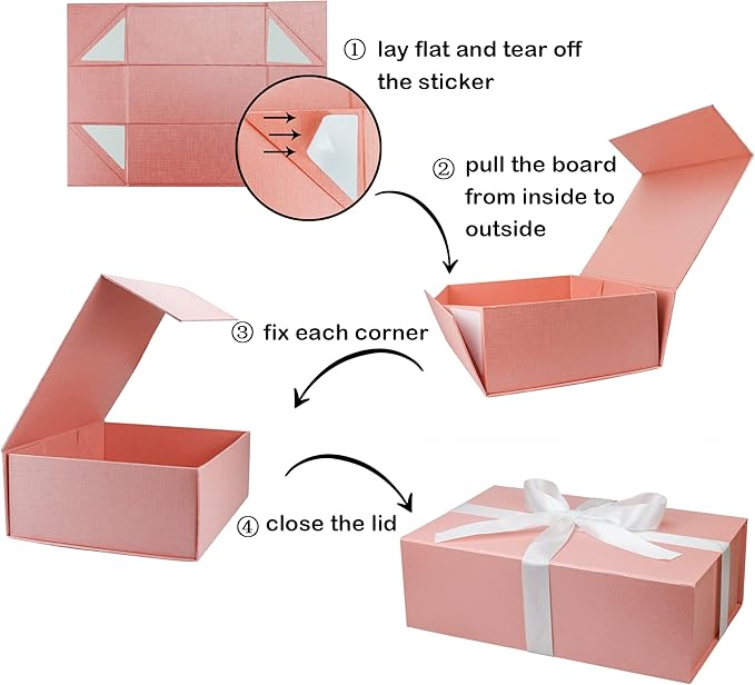 YINUOYOUJIA 5 Pack Large Pink Gift Boxes with Lid,14"x9"x4.5" Magnetic Gift Box with Ribbon,Cards and Envelopes for Presents,Great for Wedding,Birthdays,Crafting,Gift Packaging.