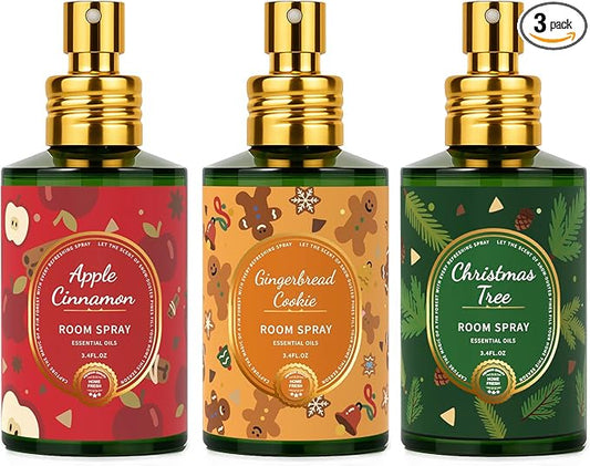 Room Spray Set 3 Pack, Christmas Tree, Apples Cinnamon, Gingerbread Cookie, Concentrated Room Spray, Long-Lasting Air Freshener for Home, Odor Eliminator for Bathroom, Bedroom & Office