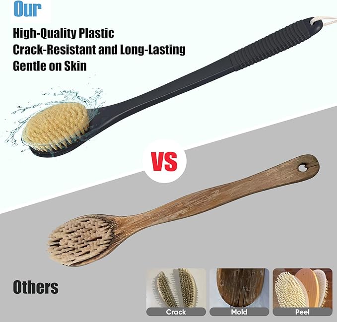 17-Inch Back Scrubber for Shower, Anti-Slip Exfoliating Body Brush for Bath, Gentle Back Brush for Shower for Men, and Women, Cleaning Skin for Smooth, Glowing Skin (Boar Bristles)