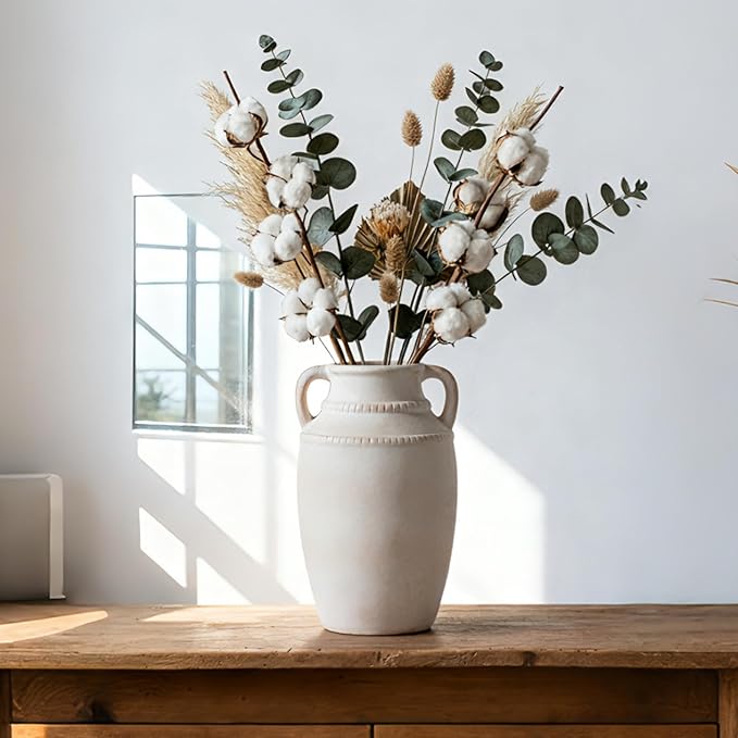 Beige Ceramic Vase with Handles, 10.5 Inch Boho Modern Aesthetic Textured Table Vases for Anthropologie Home Decor Centerpieces (Cream Beige White)