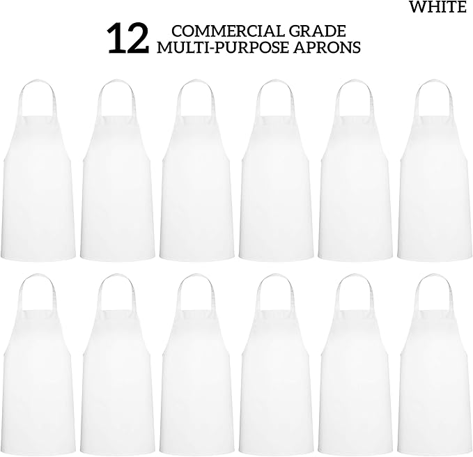 GREEN LIFESTYLE 12 Pack Bib Apron - Unisex White Aprons, Machine Washable Aprons for Men and Women, Kitchen Cooking BBQ Aprons Bulk (Pack of 12, No Pockets, White)