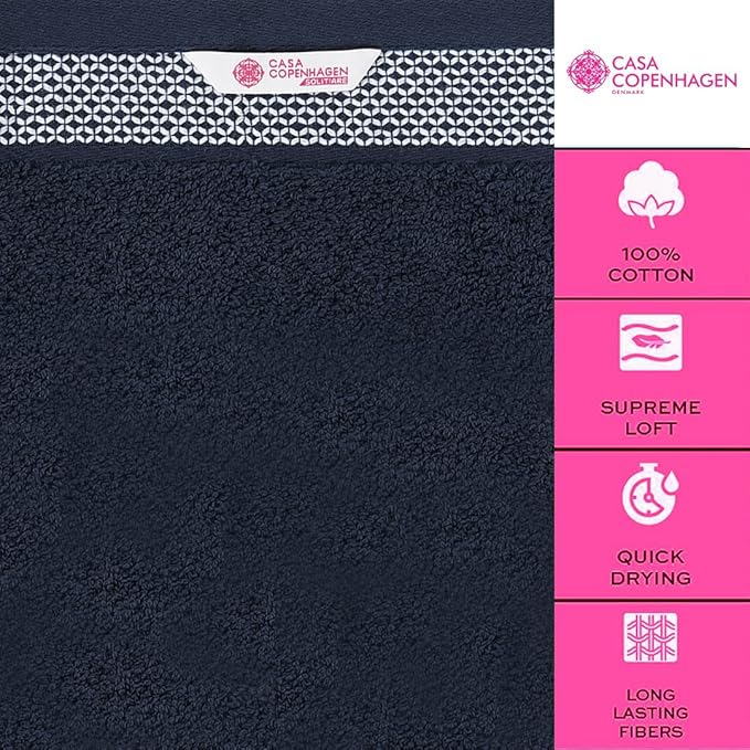 CASA COPENHAGEN Solitaire 6 Pieces Towel Set- Navy Blue, 600 GSM 2 Bath Towel 2 Hand Towel 2 Washcloth, Designed in Denmark Made of Soft Egyptian Cotton for Bathroom, Kitchen & Shower