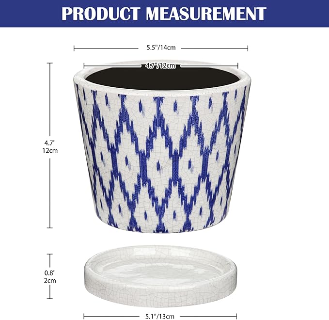 Plant Pots 5.5 Inch, Ceramic Planter with Drainage Hole and Saucer for Indoor Plants, Ice Crack Diamond Pattern Vintage Garden Pots for Succulent Orchid Snake Plants Flower (Blue)