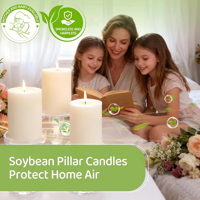 4 Pack Soy White Pillar Candles,Natural Soybean Pillar Candles,55 H Long Lasting Burning-Unscented,Dripless and Smokeless Rustic White Hand-Poured Candles Dinner Table,for Wedding,Home Decor 2.8x4in