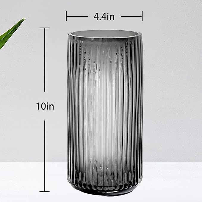 Muyan 9.8" Flower Vase for Decor Ribbed Glass Vase Modern for Centerpieces Desktop Home Office Dining Living Room Wedding (Gray)