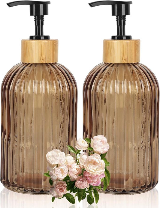 Amber Glass Soap Dispenser with Pump, 2 Pack 13.5oz Vertical Stripe Design Hand Soap Dispenser for Hand Wash, Dish Wash, Elegant Dispenser for Bathroom and Kitchen