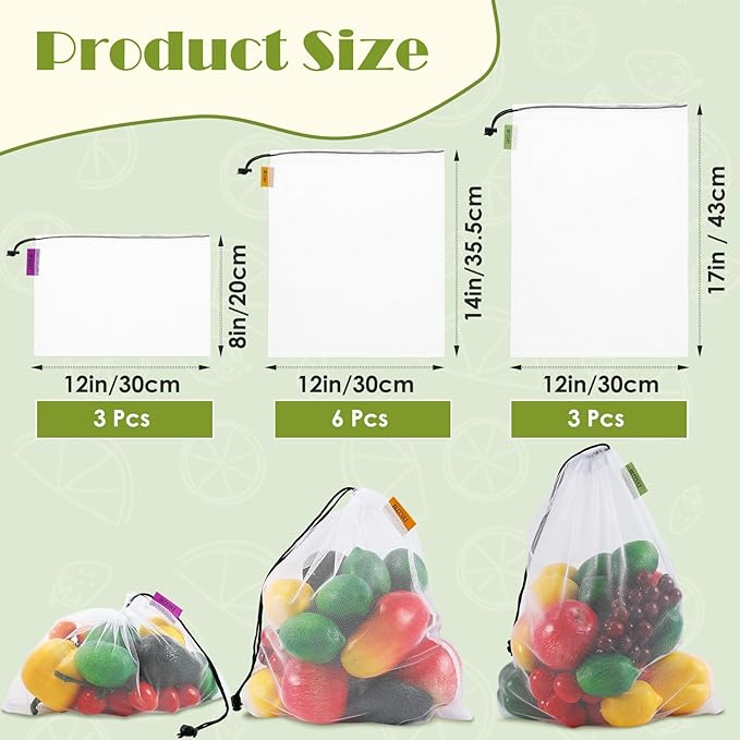 Blcculi 12 Pack Reusable Produce Bags,Mesh Produce Bags,Washable Mesh Grocery Bag with Drawstring &Colorful Tare Weight Tags,See-Through Vegetable Storage Bag for Grocery Shopping,Fruits,3 Sizes